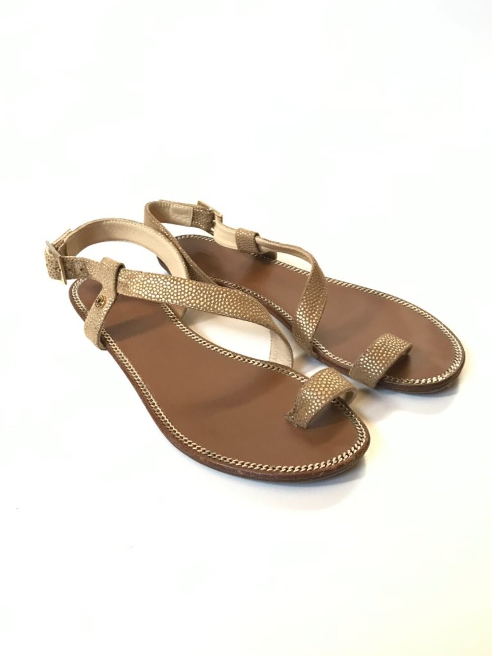 Jimmy Choo Neru Flat Sandals Womens 37 7 Brown Gold Leather Toe Loop Buckle Shoe - Picture 3 of 9